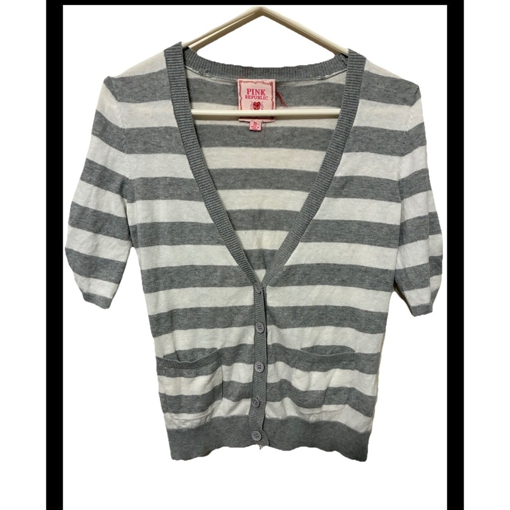 Pink Republic Girls XL Grey White Striped Short Sleeve Button Front Cardigan